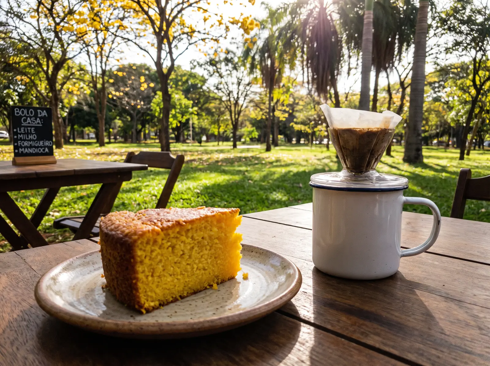 Fatia de bolo da casa do Café Potiguar servida no prato, ao lado de um café passado no coador