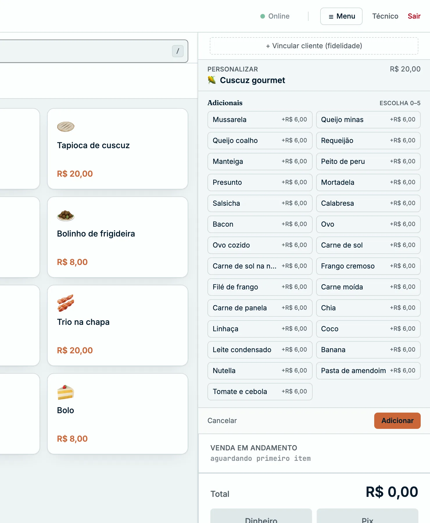 Seletor de adicionais aberto sobre um produto do cardápio, mostrando as opções disponíveis com o preço de cada uma e o limite de escolhas permitido pelo grupo.